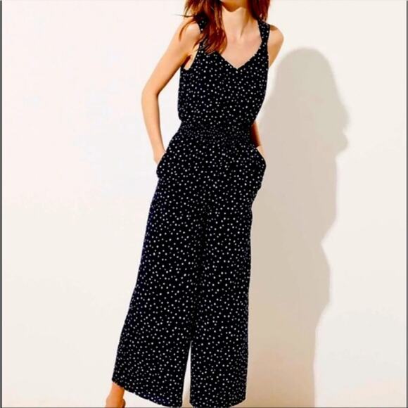 LOFT | Blue Polka-dot Ankle Crop Jumpsuit with Pockets - Picture 1 of 11